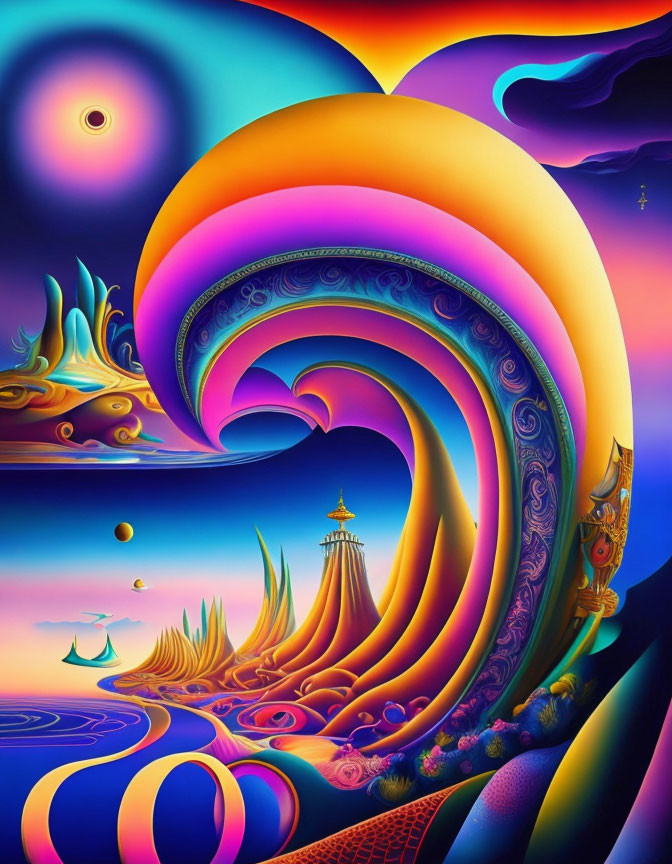 Colorful surreal landscape with ocean waves, lighthouse, and whimsical elements