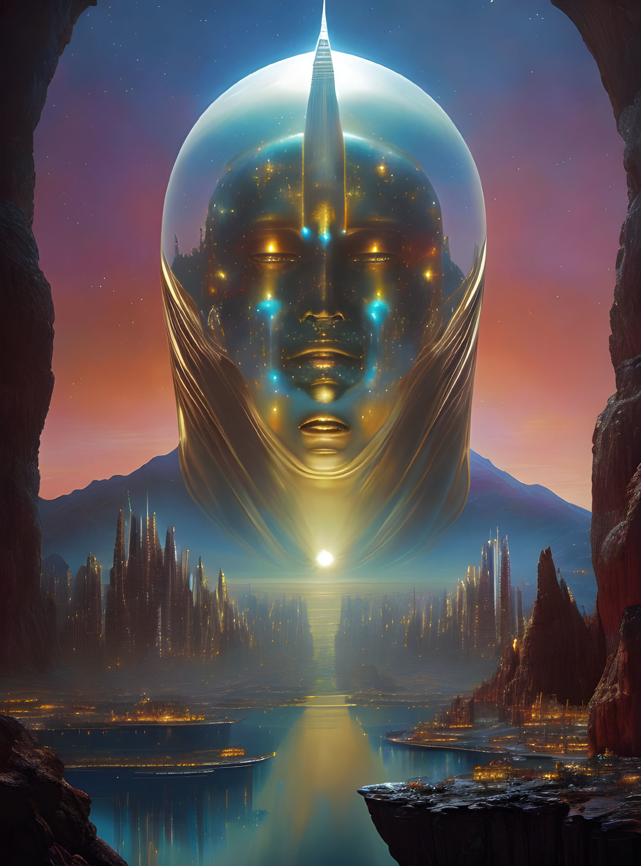 Giant head-shaped structure with glowing eyes in alien landscape