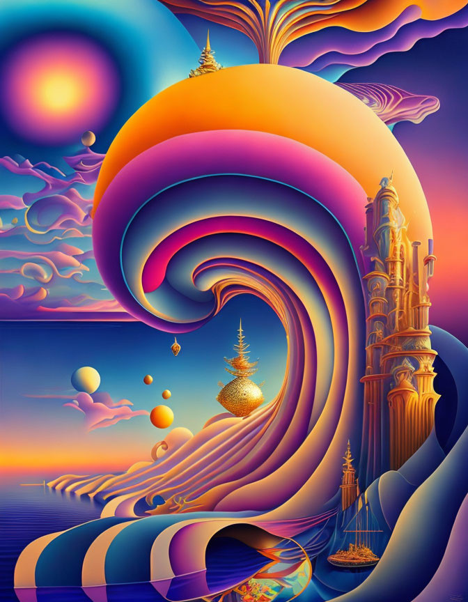 Surreal Landscape with Colorful Wave and Cityscape
