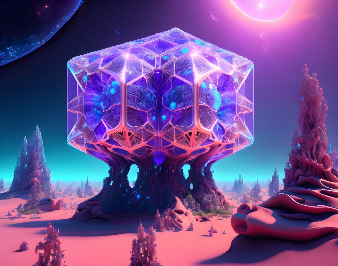 Fantastical landscape with glowing crystal structure and cosmic sky