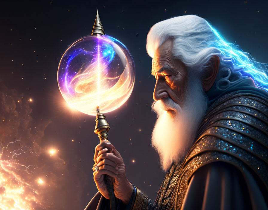 Elderly wizard with white hair holding staff with galaxy orb in starry background