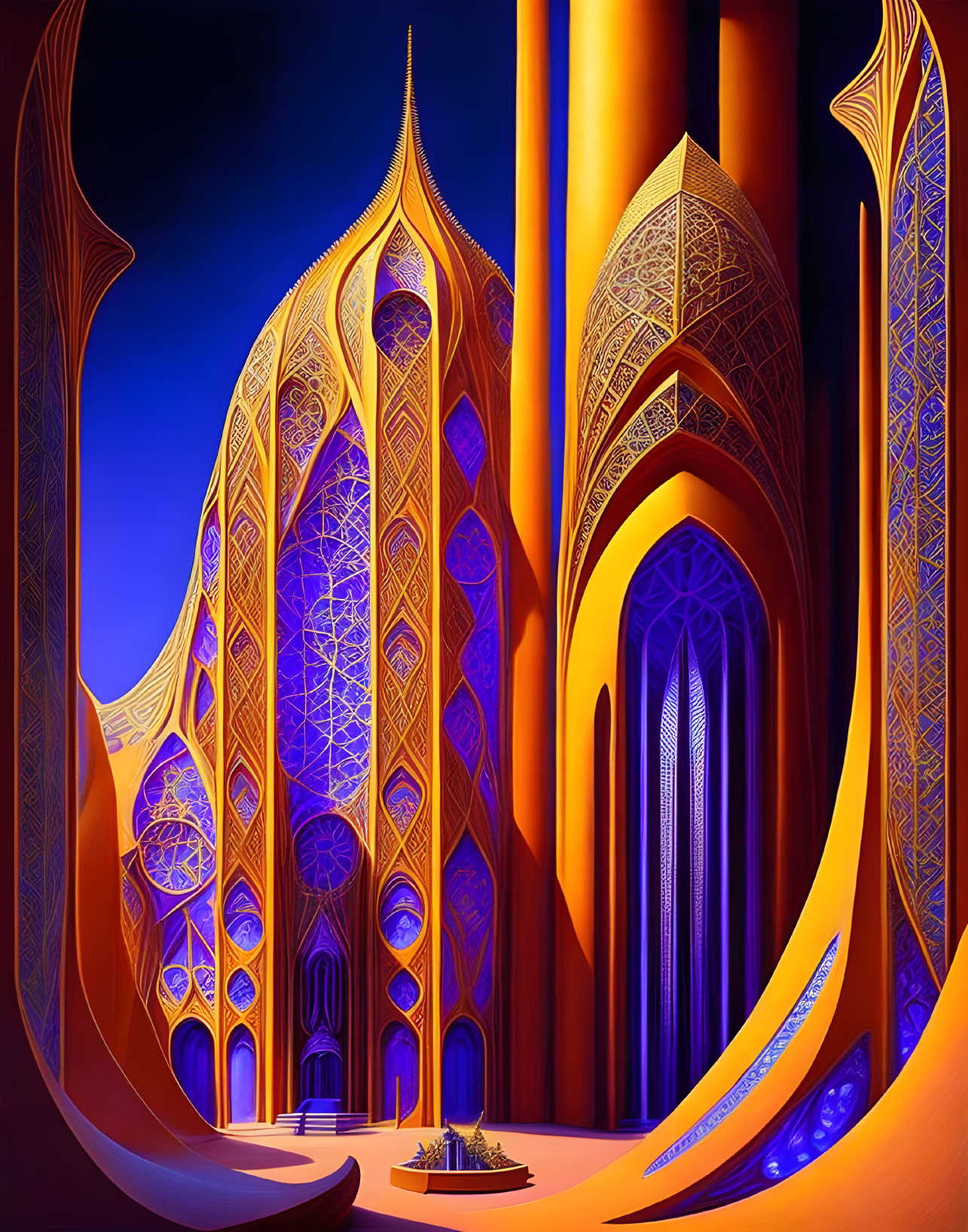 Whimsical digital art: Serene blue-hued architecture with soaring spires & intricate patterns