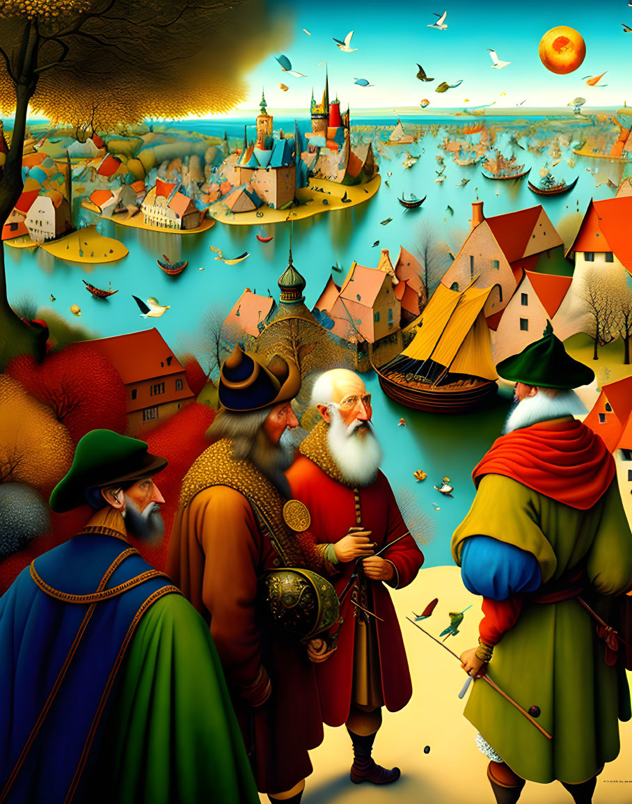 Colorful fantasy painting: Three robed figures, medieval village, ship, and birds under golden sky