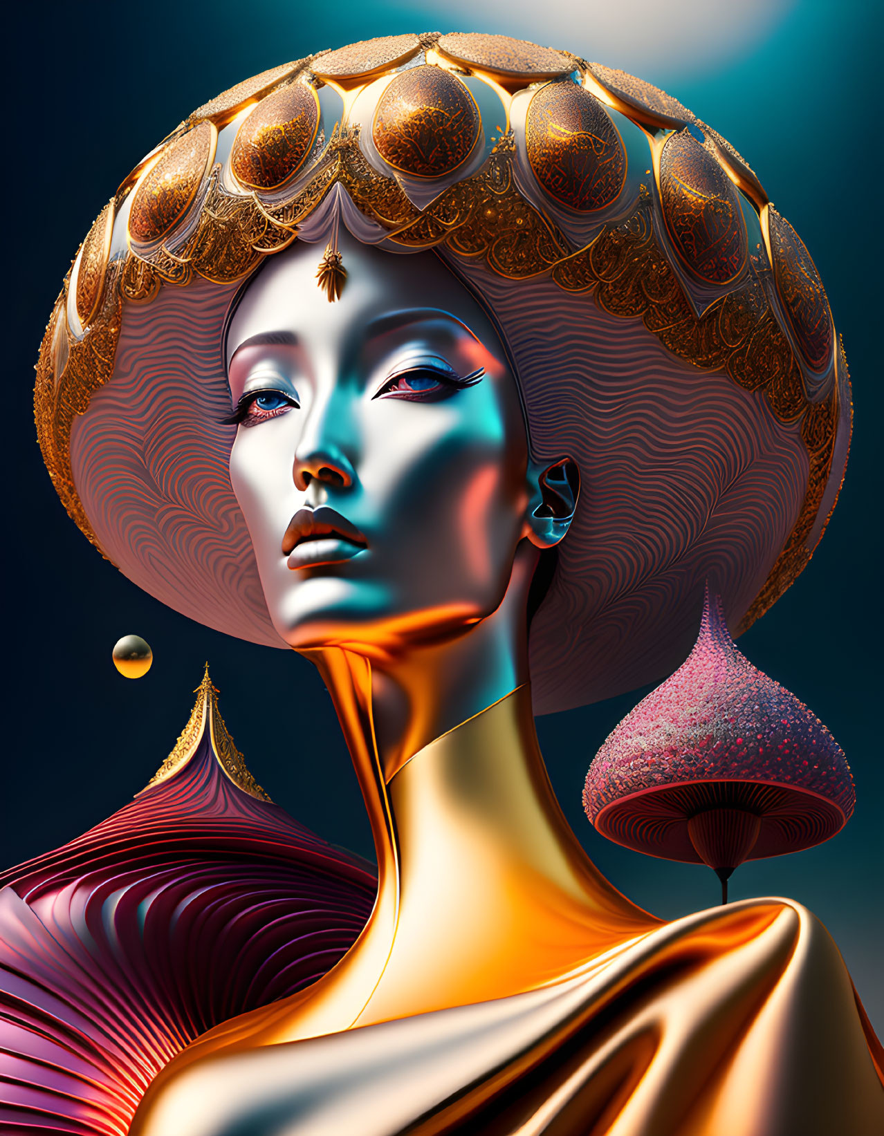 Futuristic female portrait with golden headdress and blue highlights