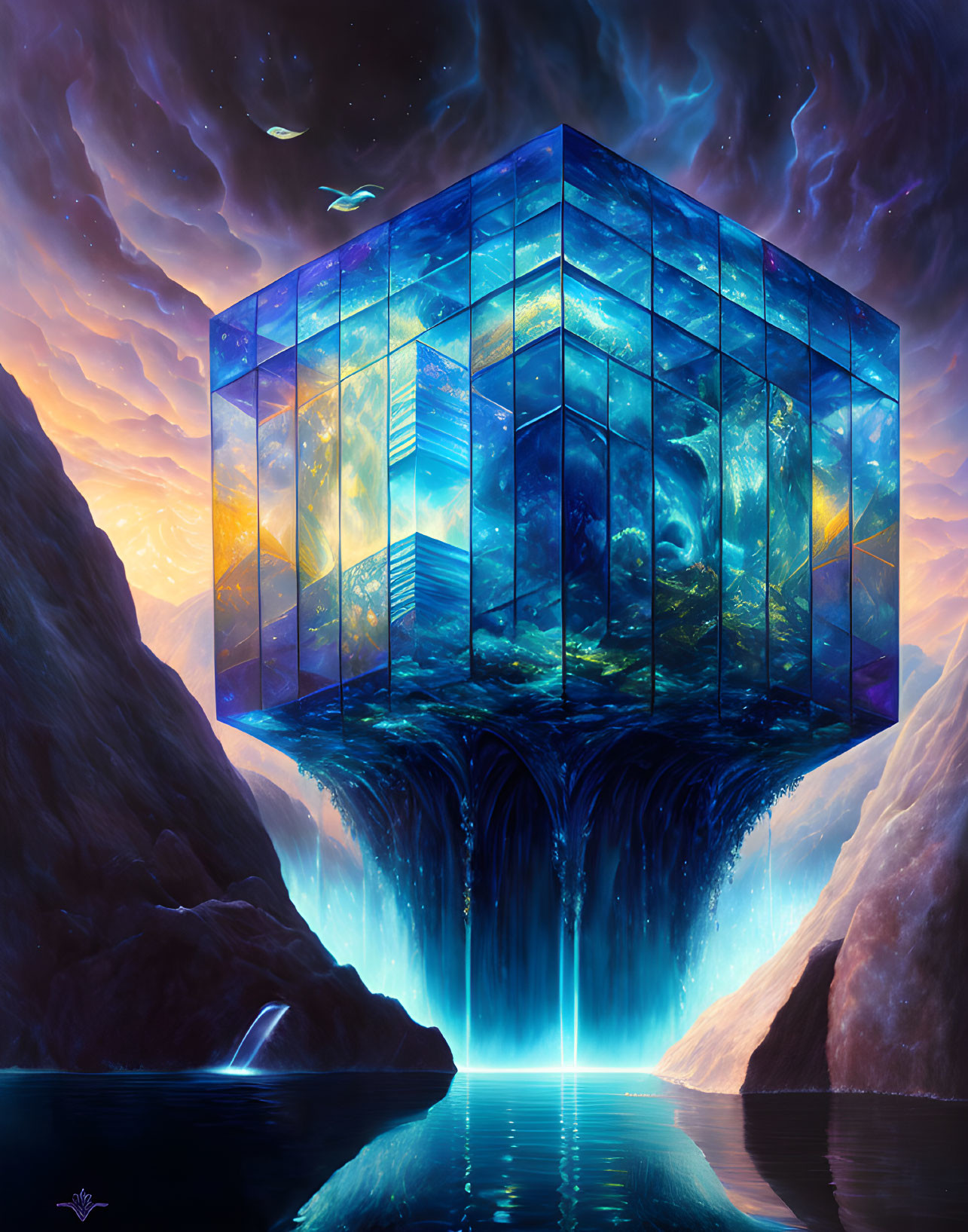 Surreal Landscape with Floating Cube and Vibrant Light