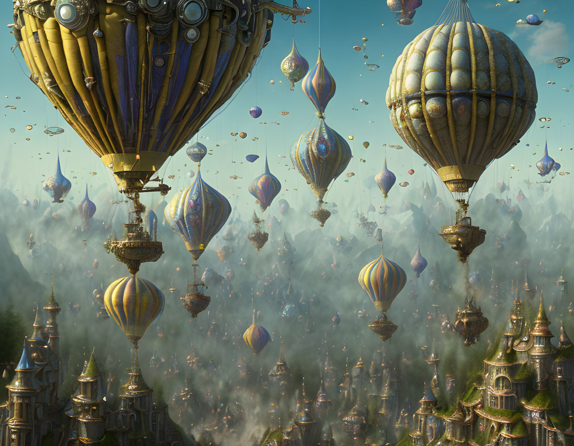 Fantastical airships above misty, fairy-tale spires in a steampunk scene