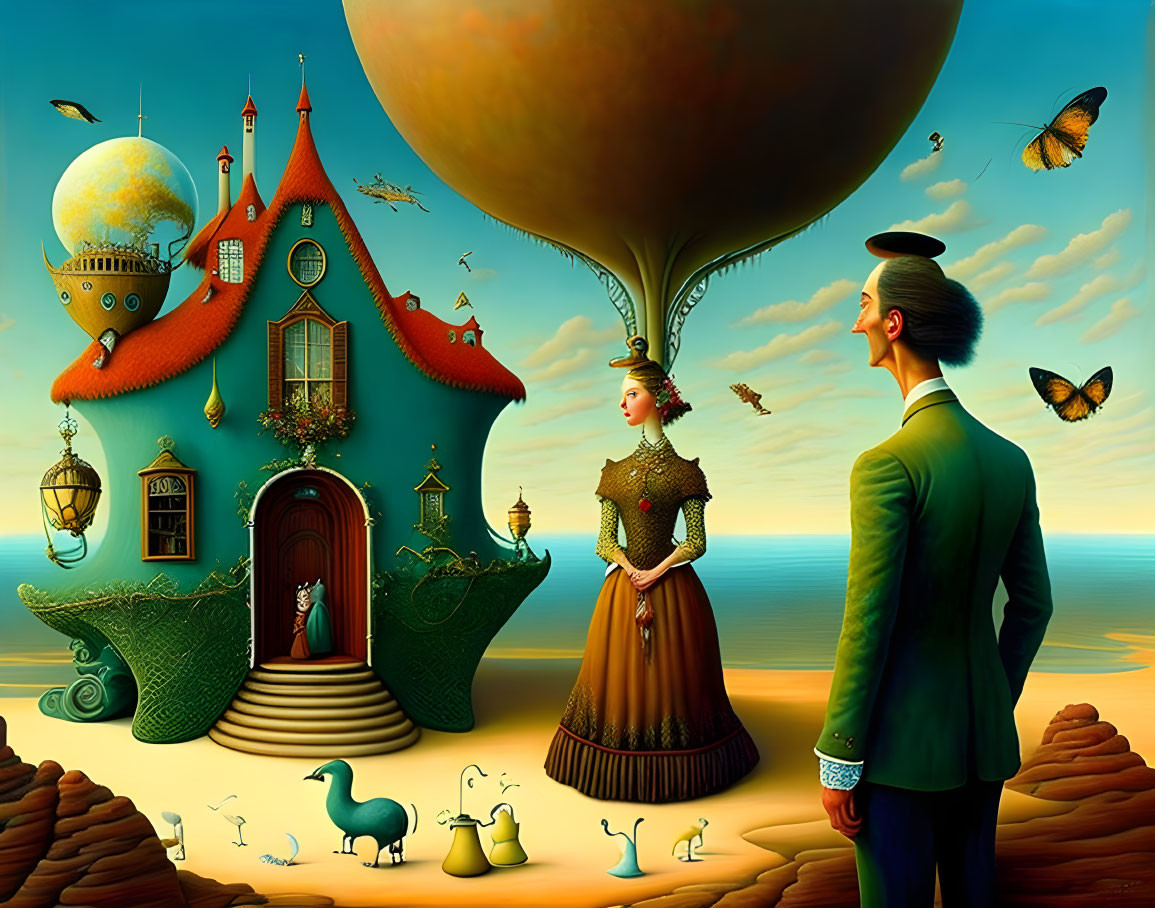 Surreal Victorian couple with hot air balloon and butterflies in desert landscape