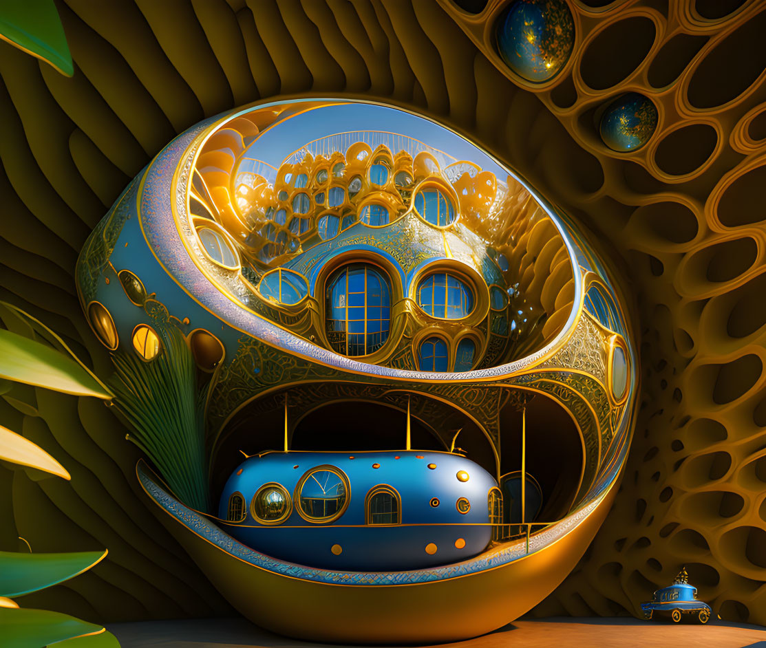 Futuristic surreal room with organic shapes and whimsical submarine vibes