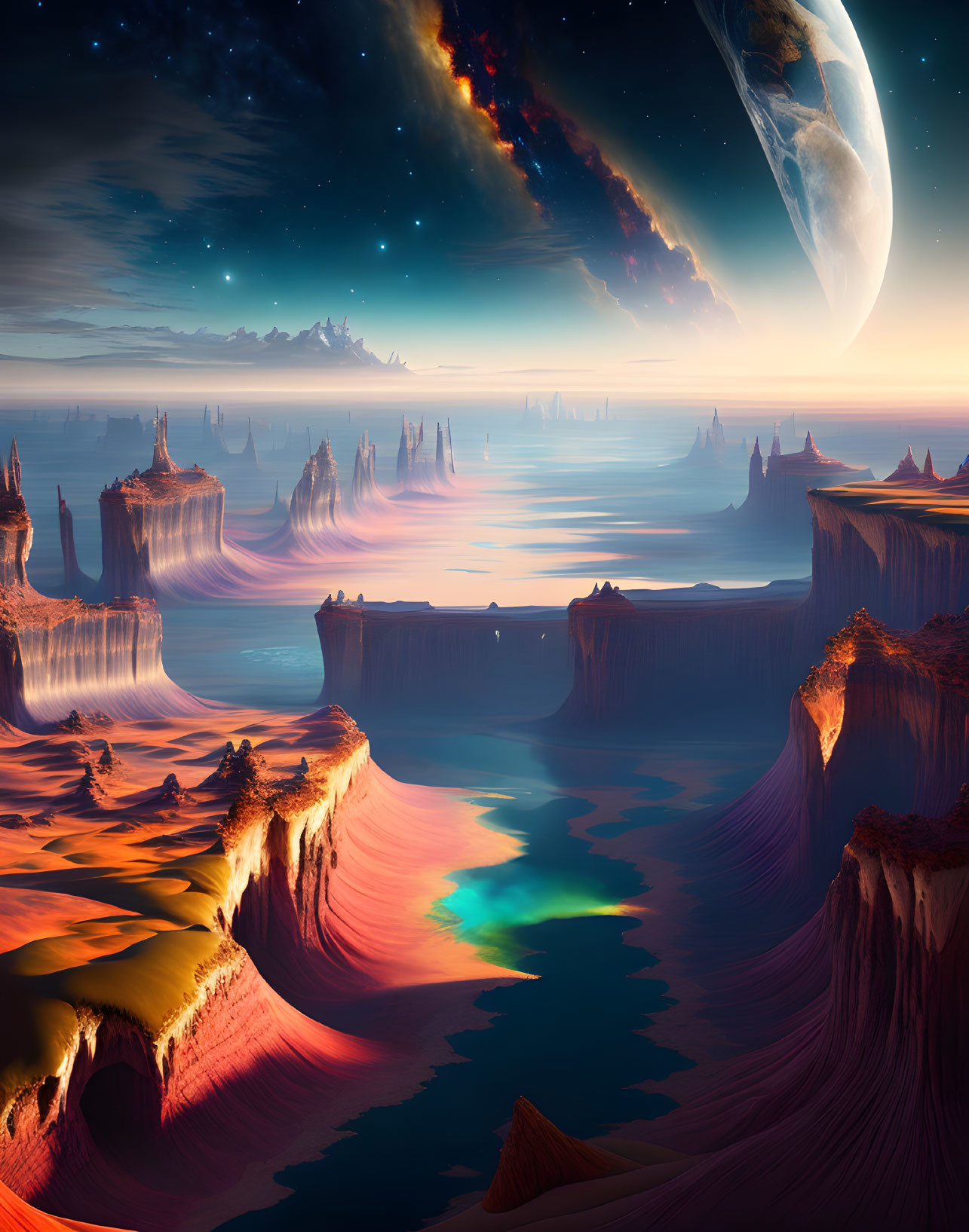 Surreal landscape with towering rock formations and giant planet in vivid sunset sky