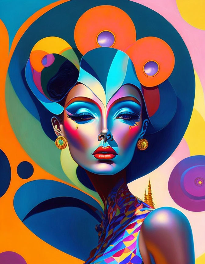 Colorful Stylized Woman Artwork with Swirling Patterns