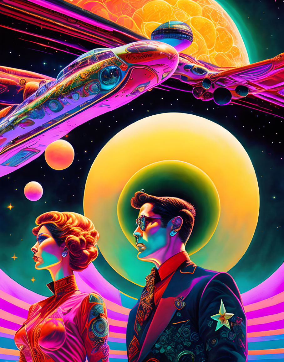 Colorful Retro-Futuristic Couple with Tattoos in Space Scene