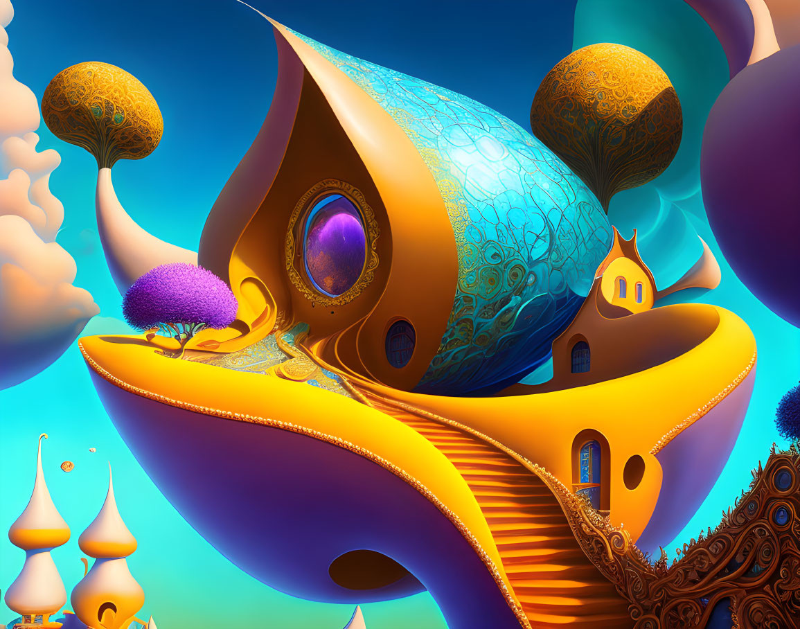 Vibrant surreal digital artwork with whimsical structure and swirling staircases