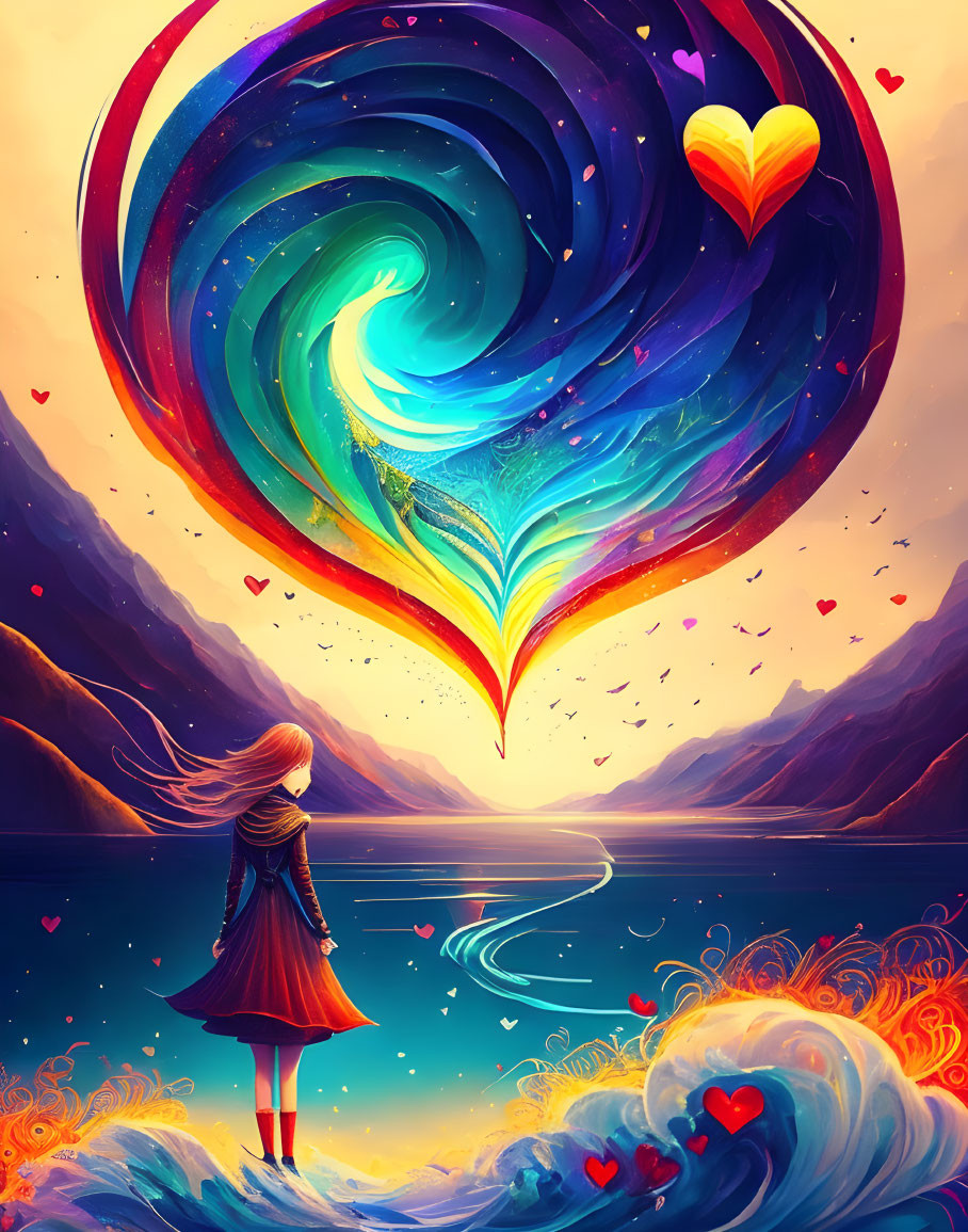 Girl standing before surreal swirl with heart motif in vibrant colors.