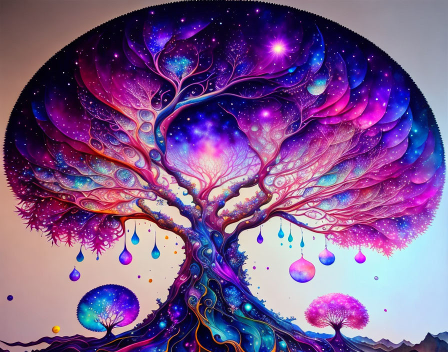 Colorful cosmic tree illustration under starry sky with swirling branches.
