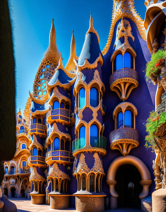 Vibrant building with golden and blue Gaudi-esque architecture