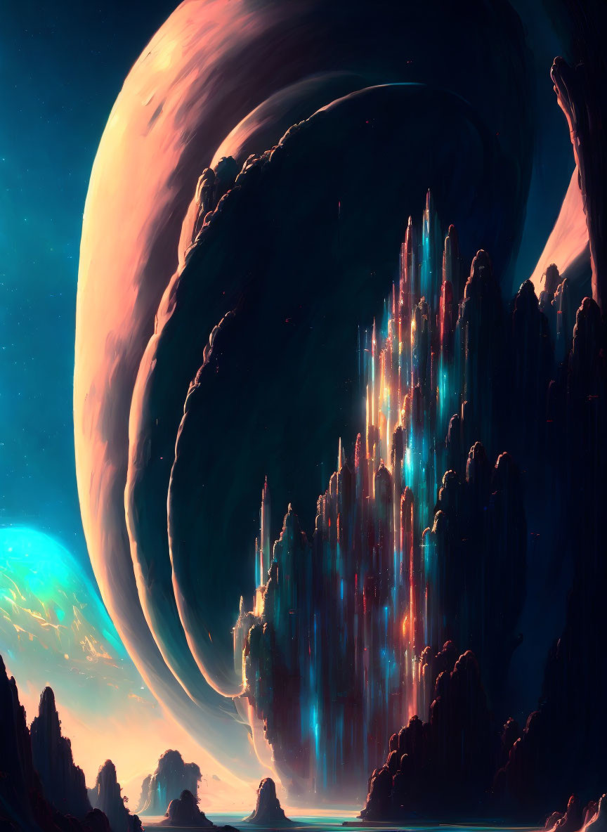 Colorful cosmic landscape with iridescent crystal formations on an alien planet