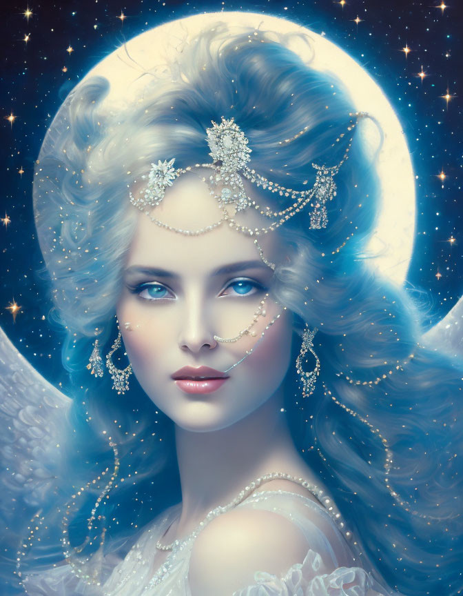 Ethereal woman with blue eyes and starry hair under full moon