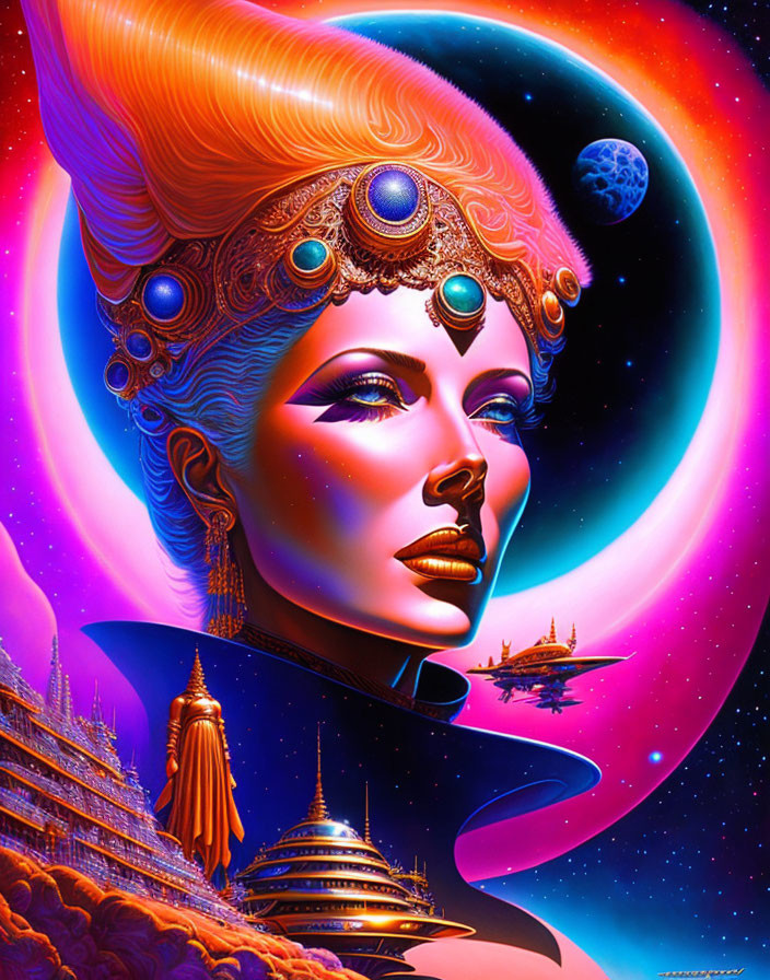 Colorful artwork of woman with headdress in cosmic scene