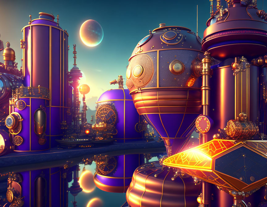 Colorful spherical buildings and sleek vehicles in futuristic cityscape at dusk