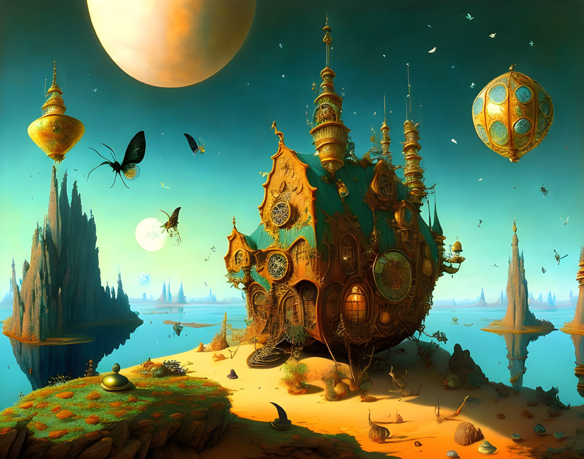 Whimsical clockwork-style house in surreal landscape