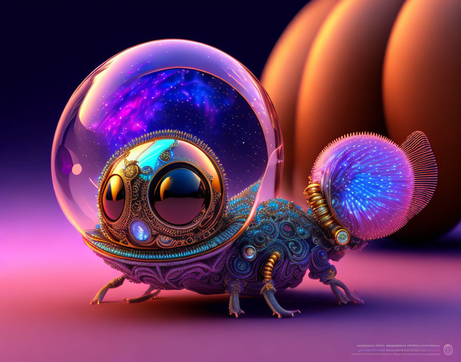 Intricate metallic creature with transparent body and blue details