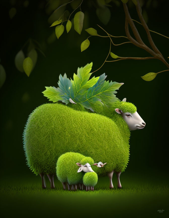 Two sheep with green leafy wool under tree branch on dark background