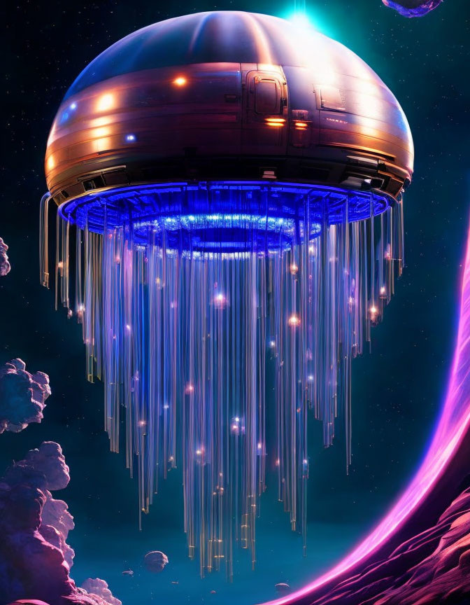 Futuristic floating city with dome structure and blue lights on cosmic backdrop