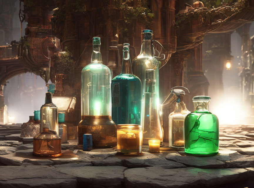 Glass bottles with glowing contents on stone surface in mystical library setting