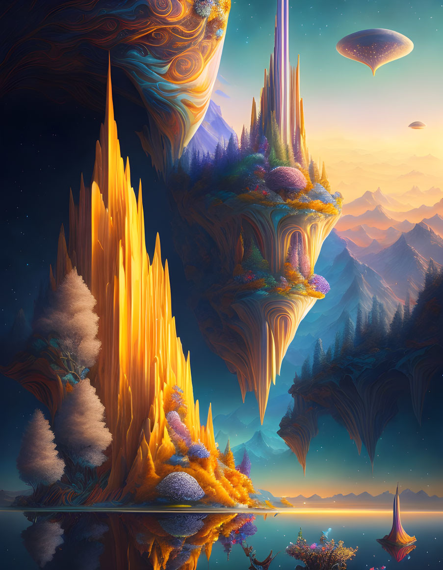 Fantasy Landscape: Floating Islands, Vibrant Flora, Twilight Sky