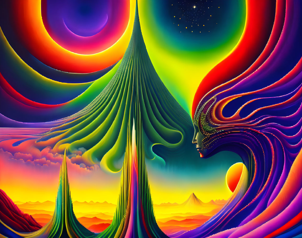 Colorful Psychedelic Digital Artwork with Abstract Celestial Landscape