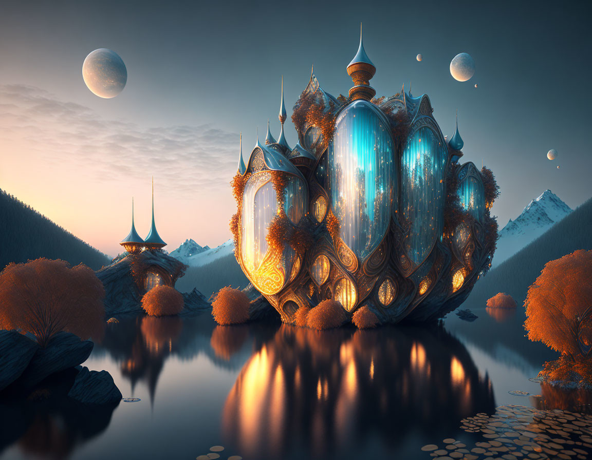 Floating palace with blue and gold elements in autumnal landscape.