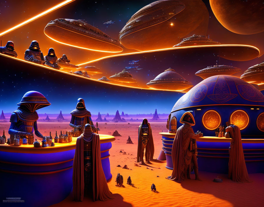 Futuristic desert scene with cloaked figures and hovering spaceships