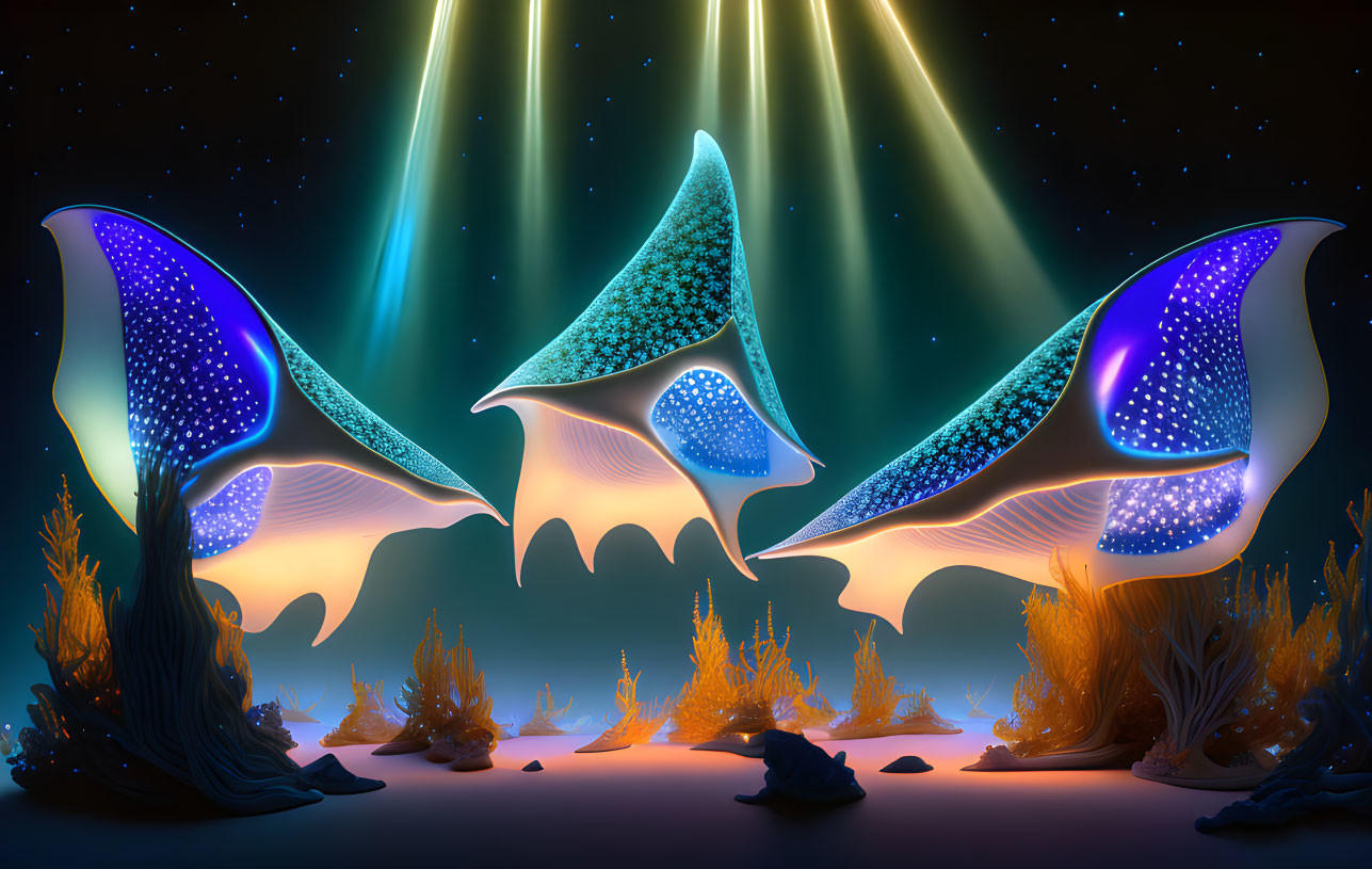 Bioluminescent manta rays in alien seabed with aurora and stars