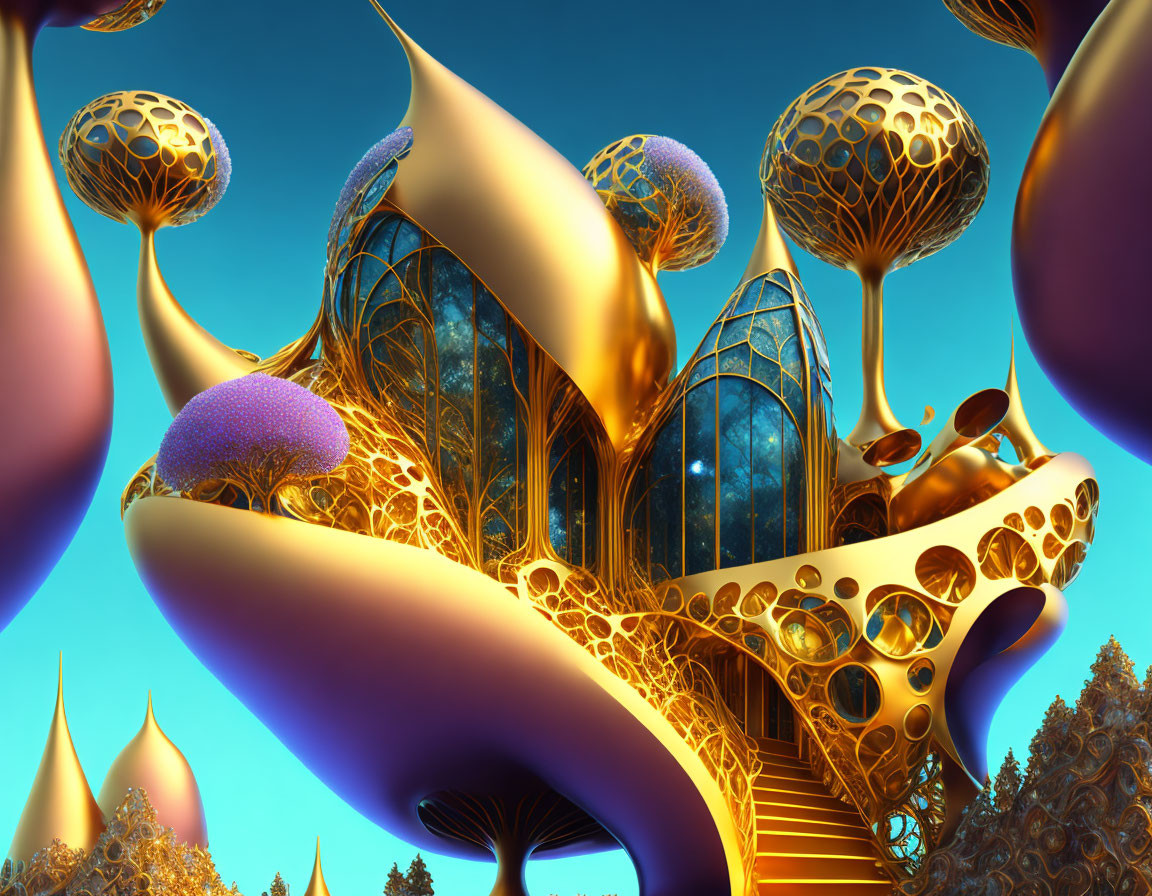 Surreal golden structures in vibrant landscape