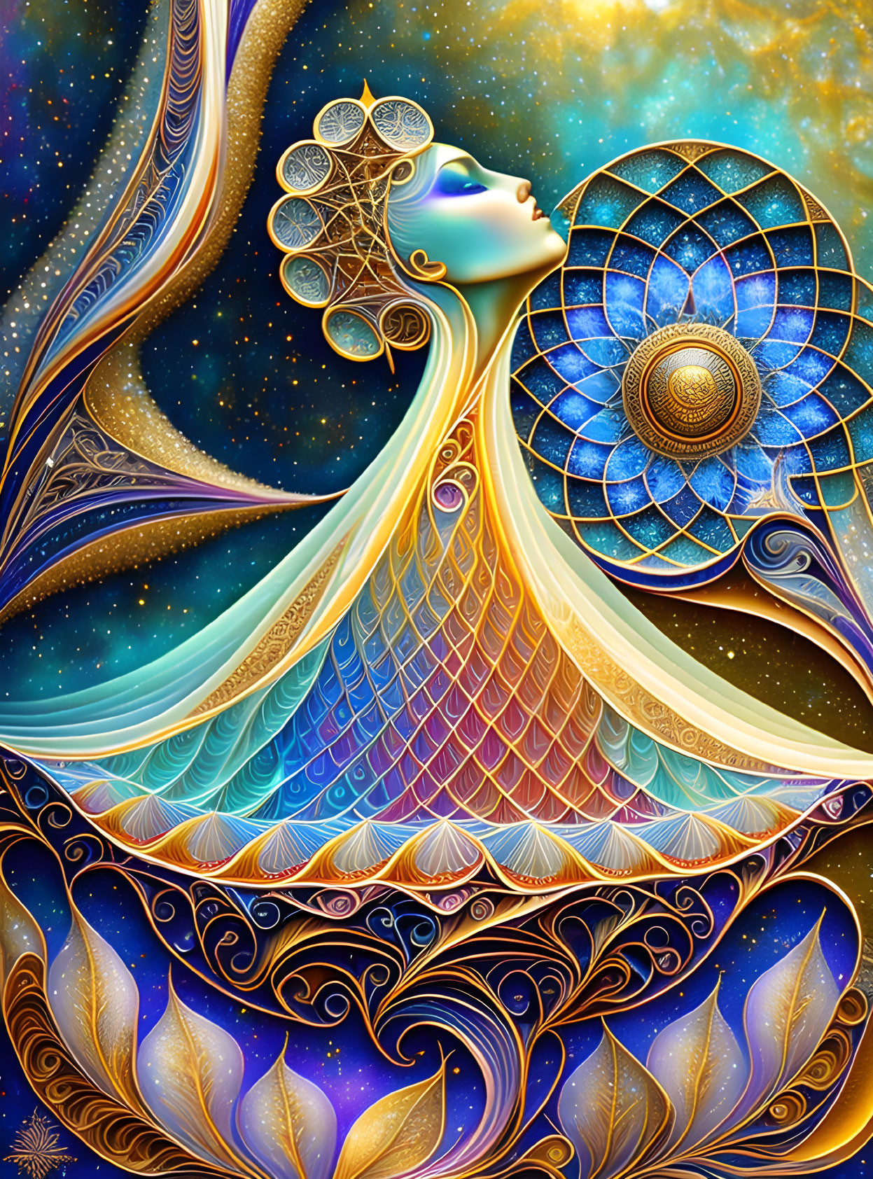 Colorful digital artwork of a celestial-themed woman with intricate patterns and cosmic background.