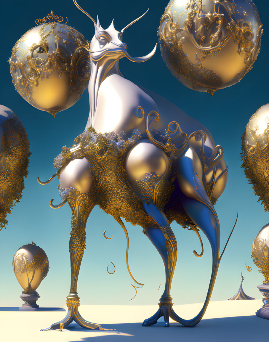 Futuristic golden creature with orbs in desert landscape