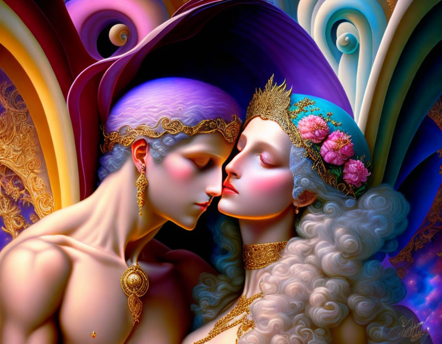 Colorful digital painting of two stylized figures with intricate hairstyles and decorative headpieces in a tender moment