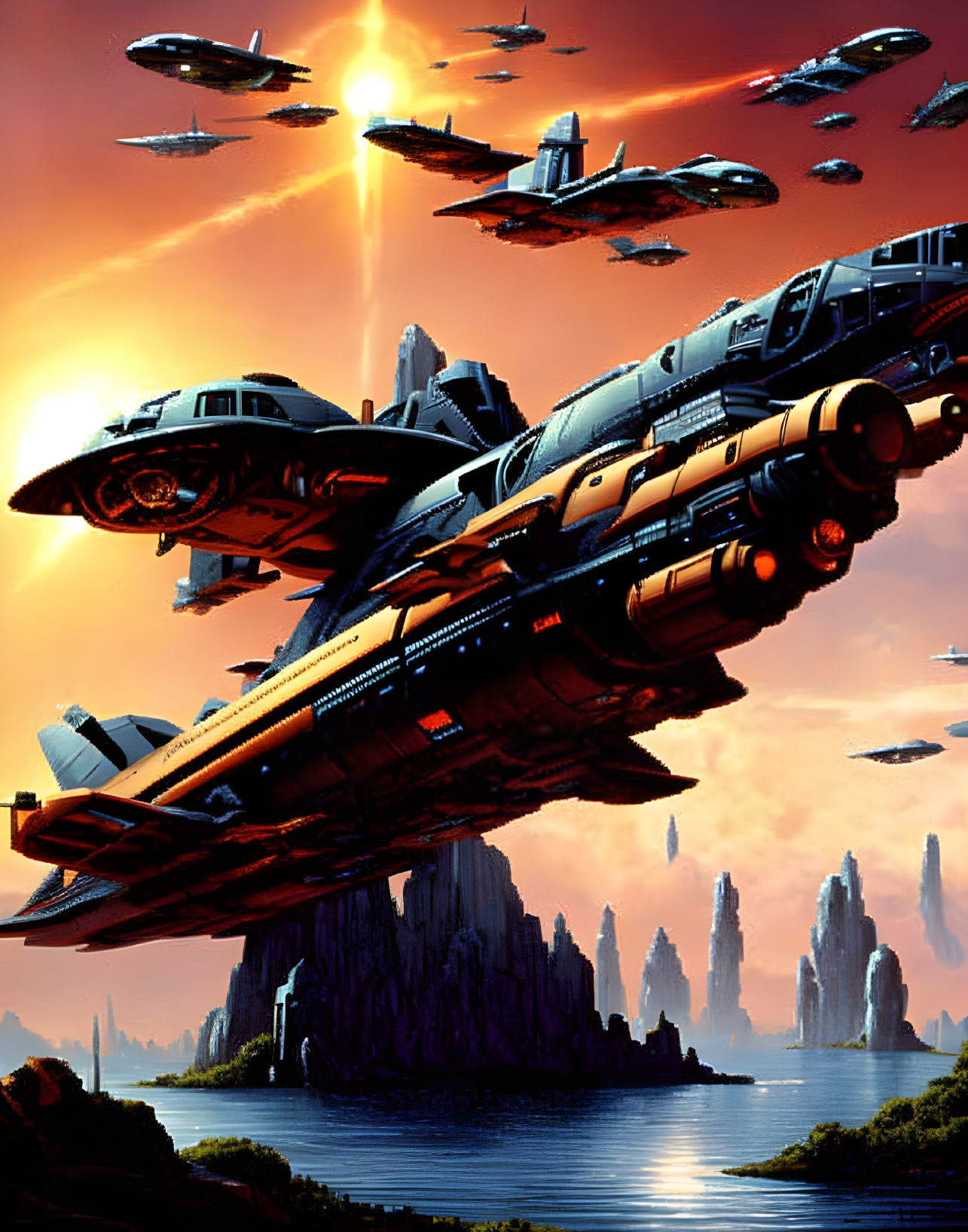 Futuristic spaceships over rocky alien landscape with spires and water body at sunset.