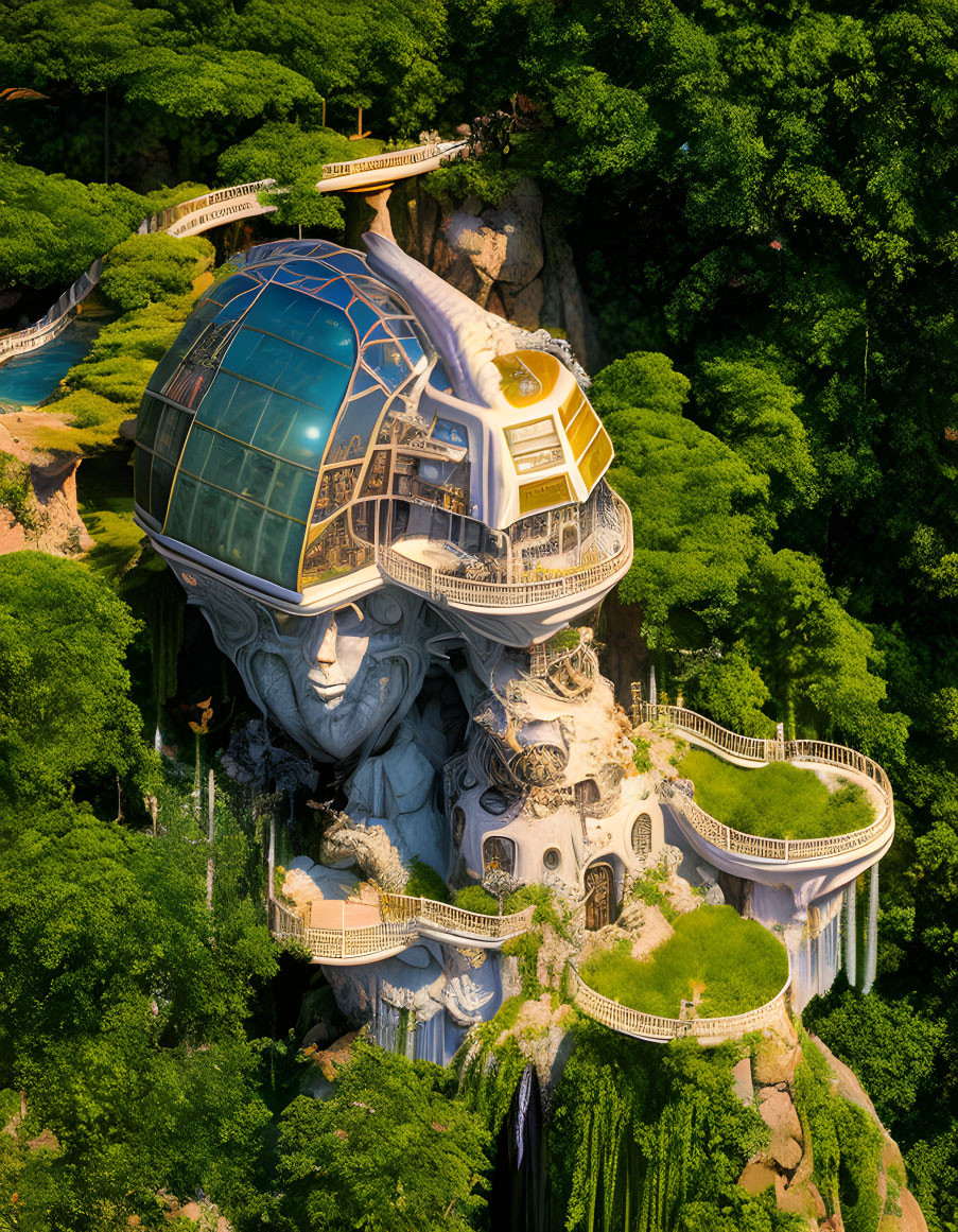 Ornate glass dome structure on giant stone face in lush setting