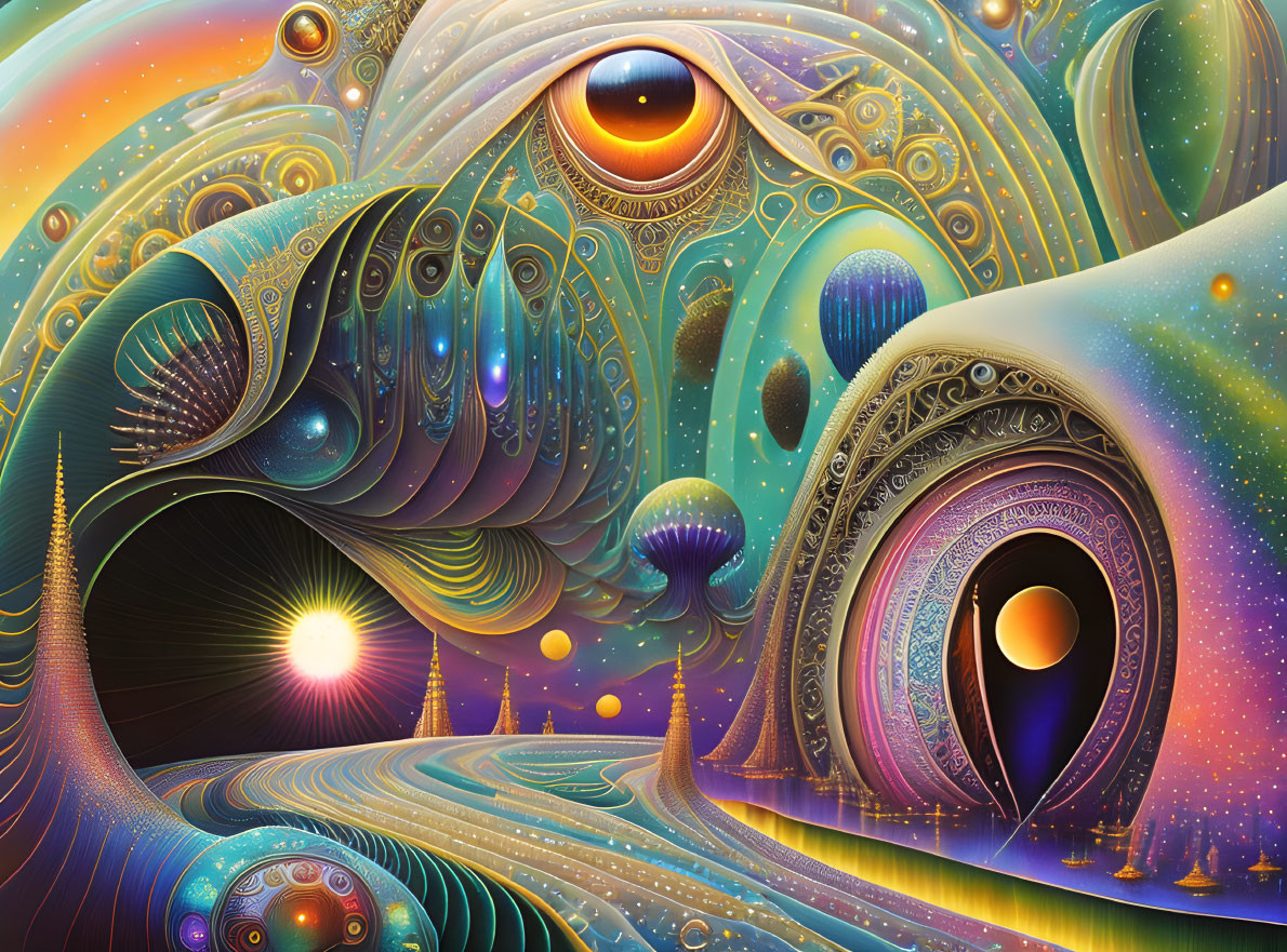 Psychedelic digital artwork with vibrant colors and surreal landscapes