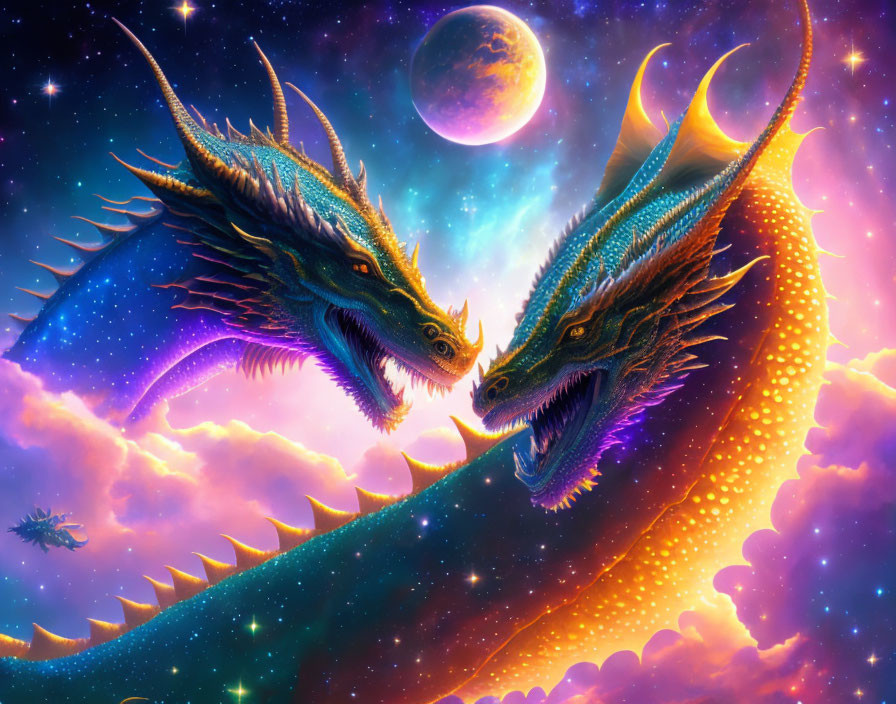 Colorful Night Sky with Mythical Dragons and Moon