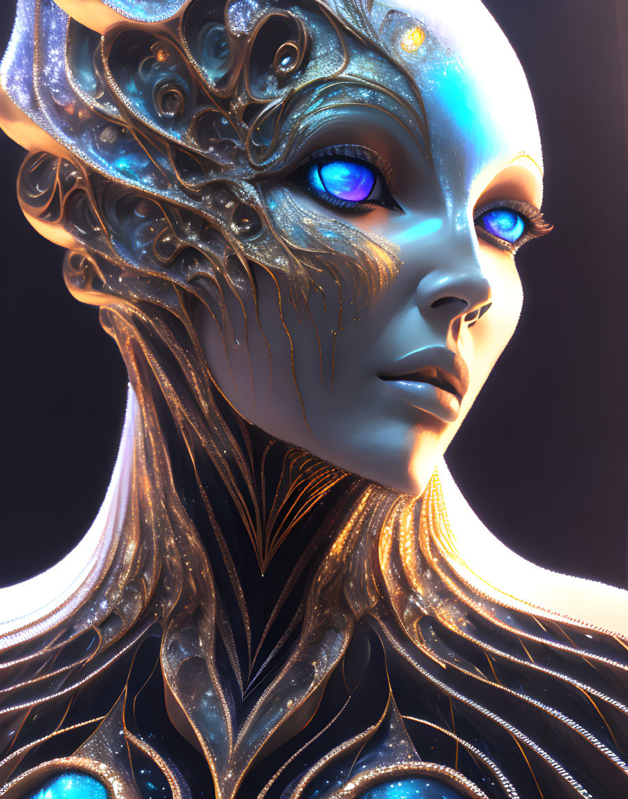 Figure with Radiant Blue Eyes and Ornate Headpiece in Sci-Fi Close-Up