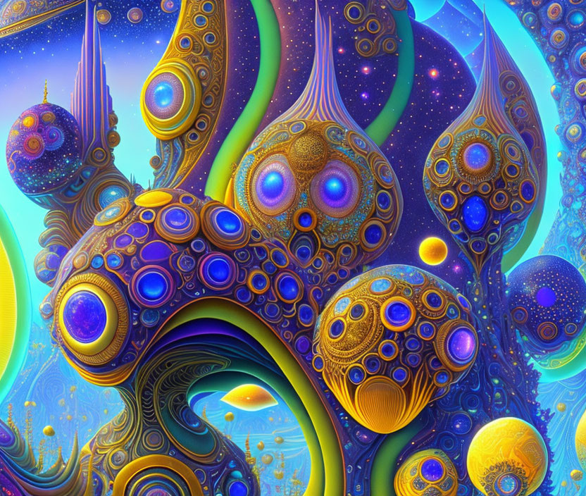 Vibrant surreal digital art with organic shapes and cosmic backdrop