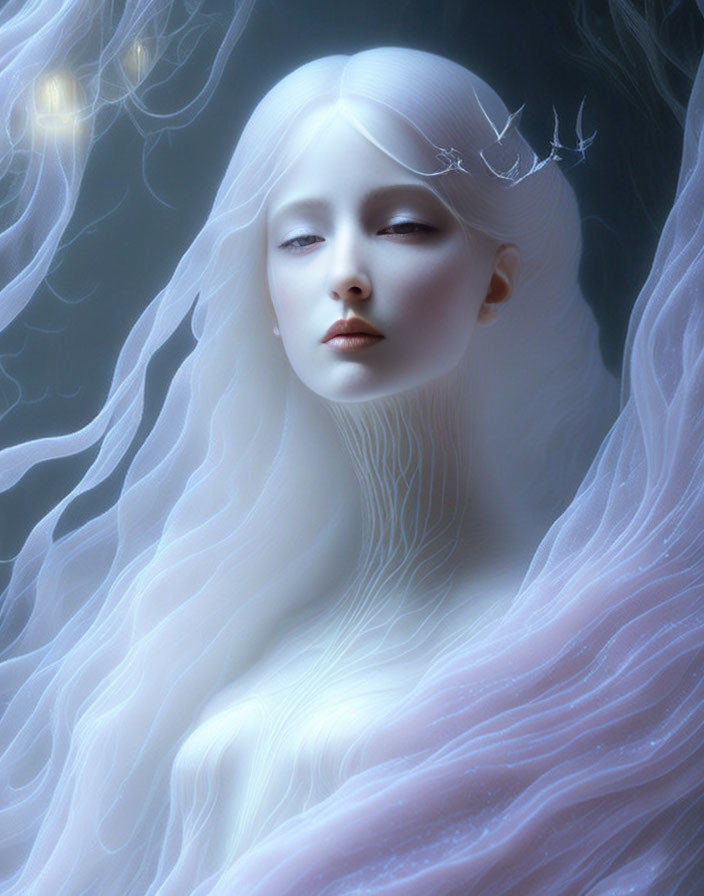 Ethereal figure with pale skin, white hair, antlers, and branch-like patterns