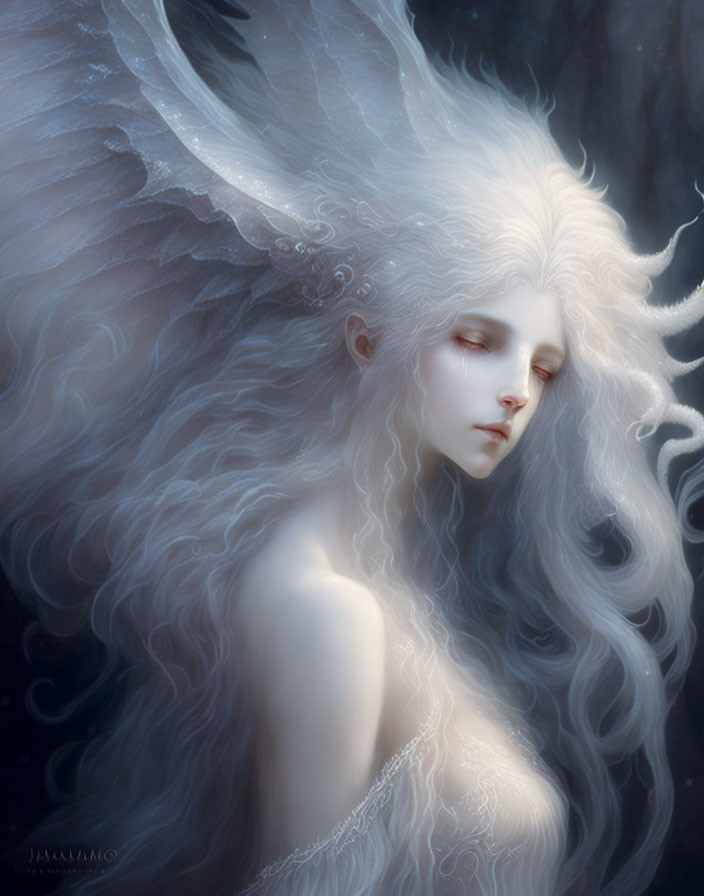 Pale-skinned mystical being with white hair and feathered wings in serene expression against dark, foggy