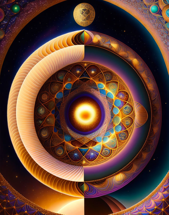 Colorful digital artwork: Spiral galaxy form with ornate patterns and celestial bodies.