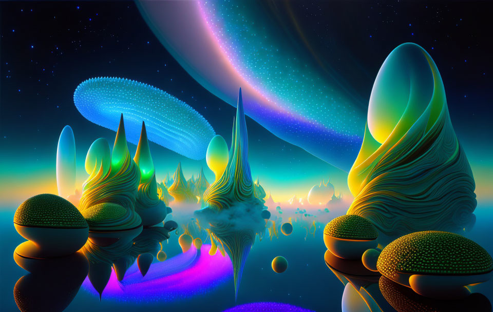 Colorful alien landscape with glowing orbs, smooth structures, and starry sky.