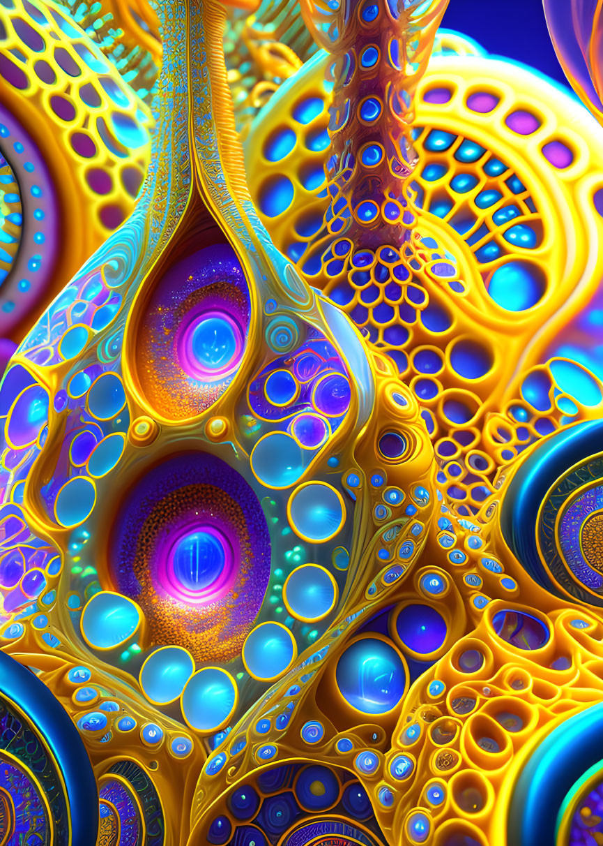 Abstract Blue and Gold Fractal Pattern with 3D Circular Shapes