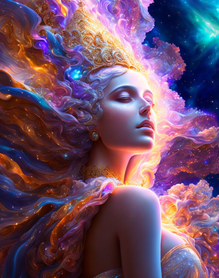 Digital artwork of woman with golden headwear and cosmic background.