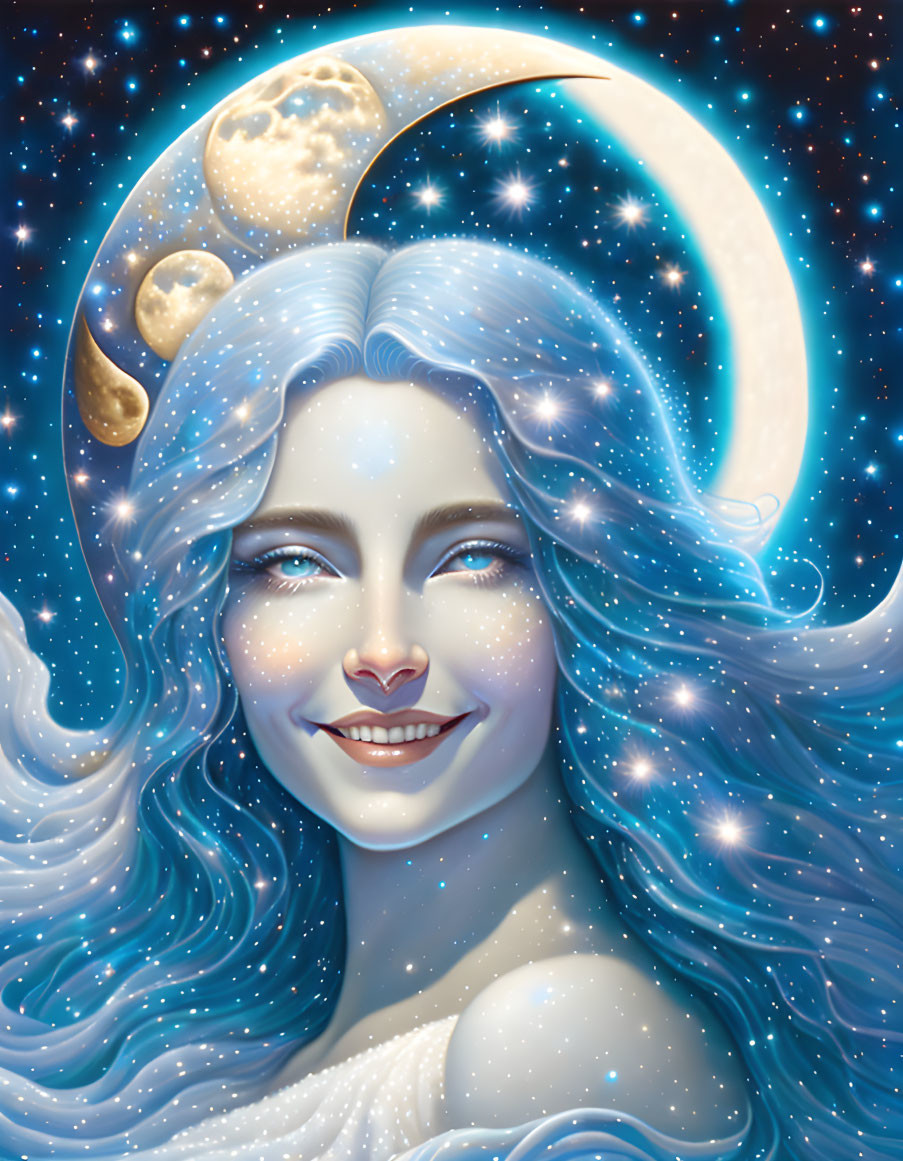 Smiling woman with starry blue hair in cosmic scene